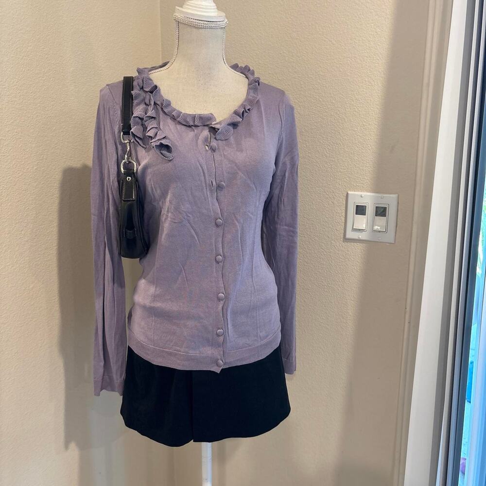 Talbots purple ruffle silk cotton blend cardigan. Size large